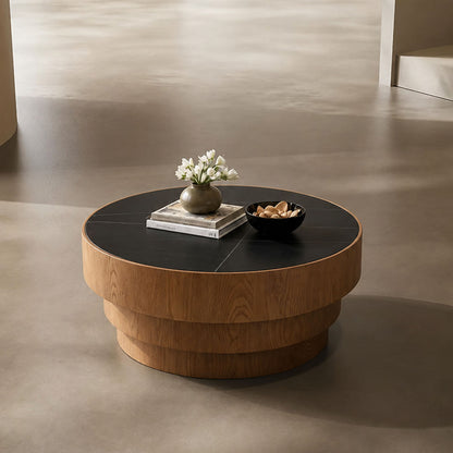 3-Tier Base Black Stone Walnut Trim Italian Minimalist Reception Coffee Table
