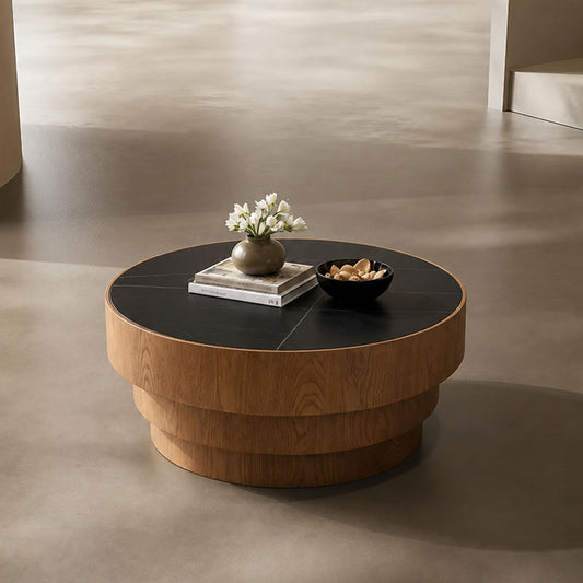3-Tier Base Black Stone Walnut Trim Italian Minimalist Reception Coffee Table
