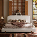 Cloud-Feel Bed– King Size, White Upholstered Platform Bed Frame with Soft Headboard & Wood Solid Legs, for Bedroom Apartment