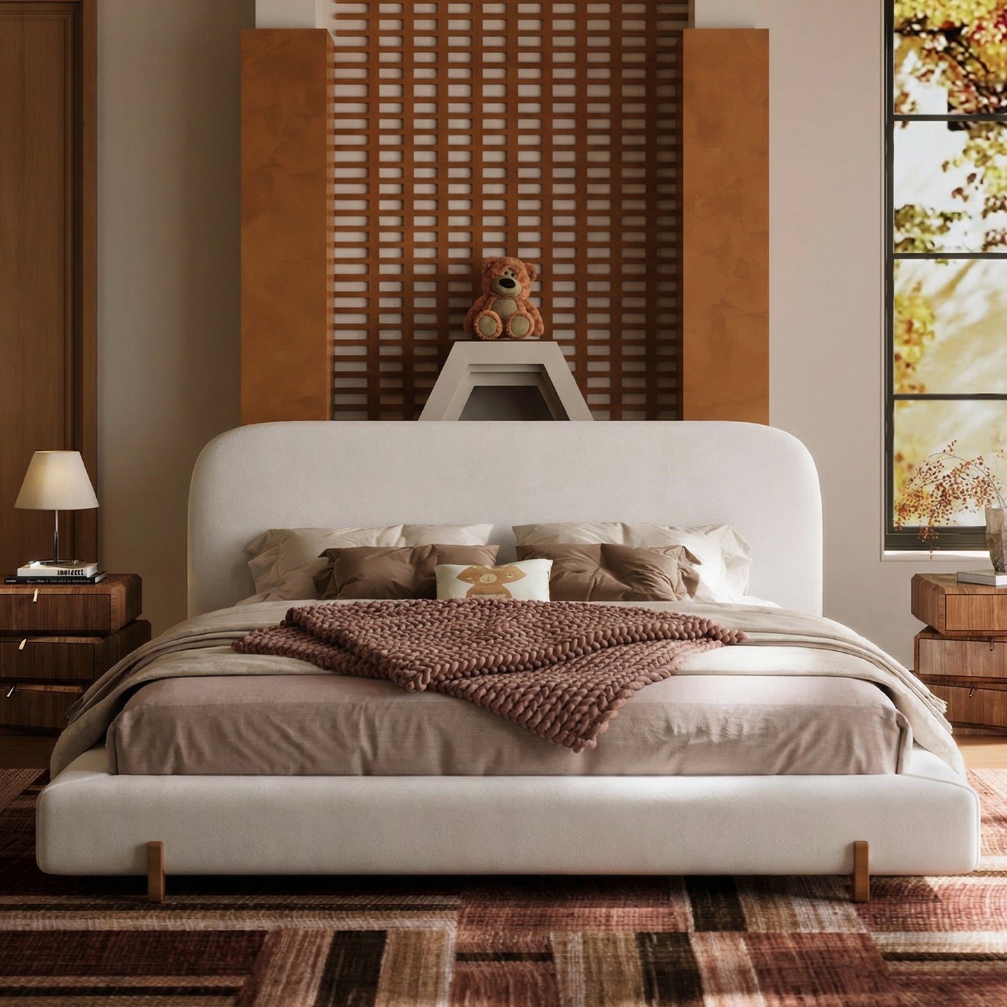 Boucle Cloud-Feel Bed– King Size,  Wood Solid Legs