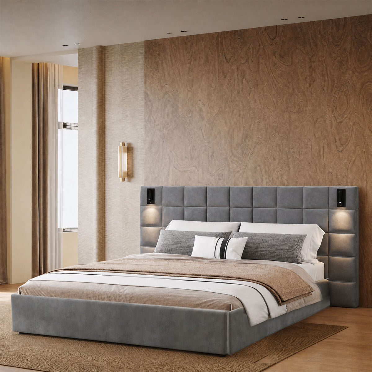 USB-Light Tufted Grey Velvet Upholstered Queen Bed