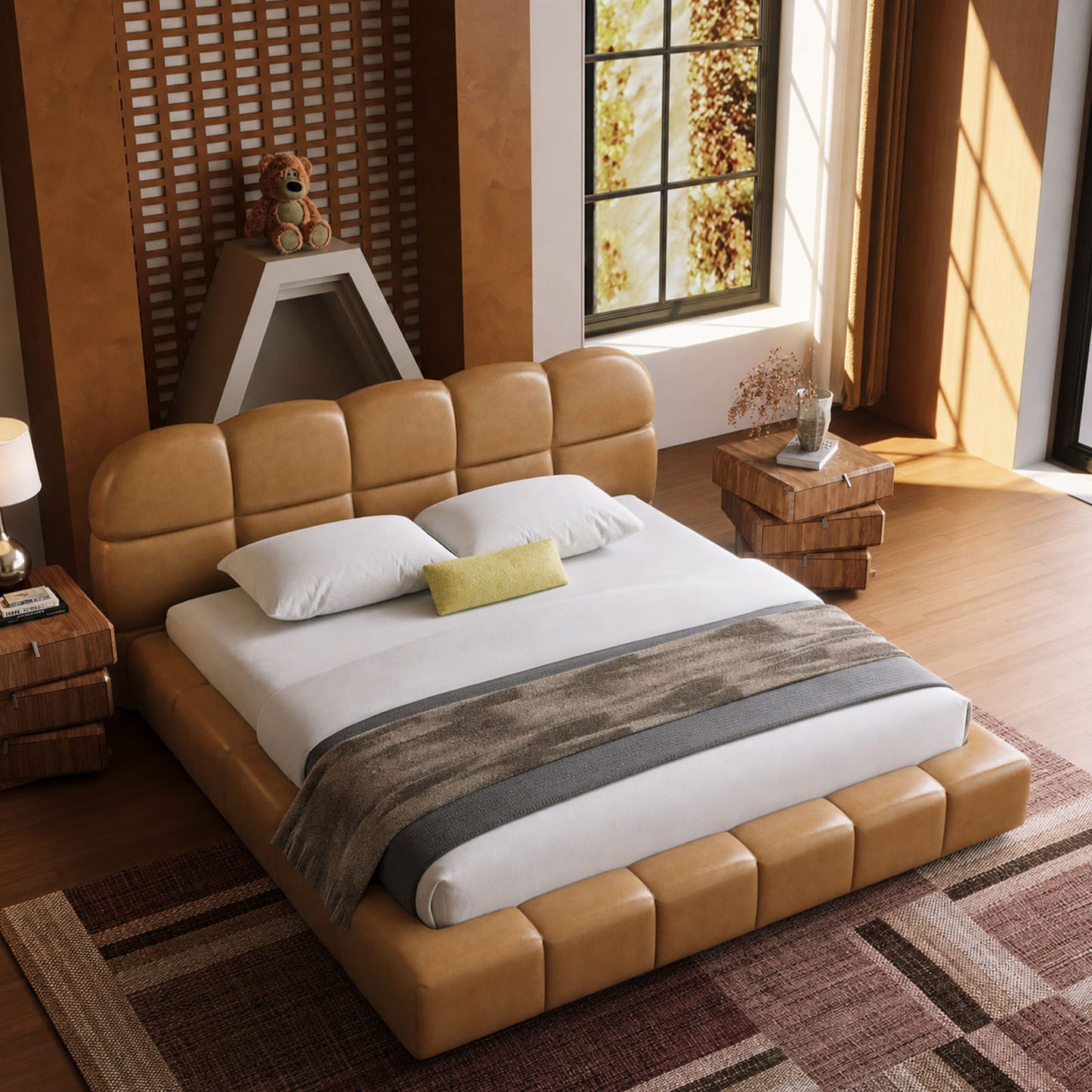 Biscuit-Tufted Caramel Faux Leather High-Weight Bed