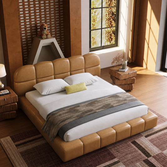 Biscuit-Tufted Caramel Faux Leather High-Weight Bed