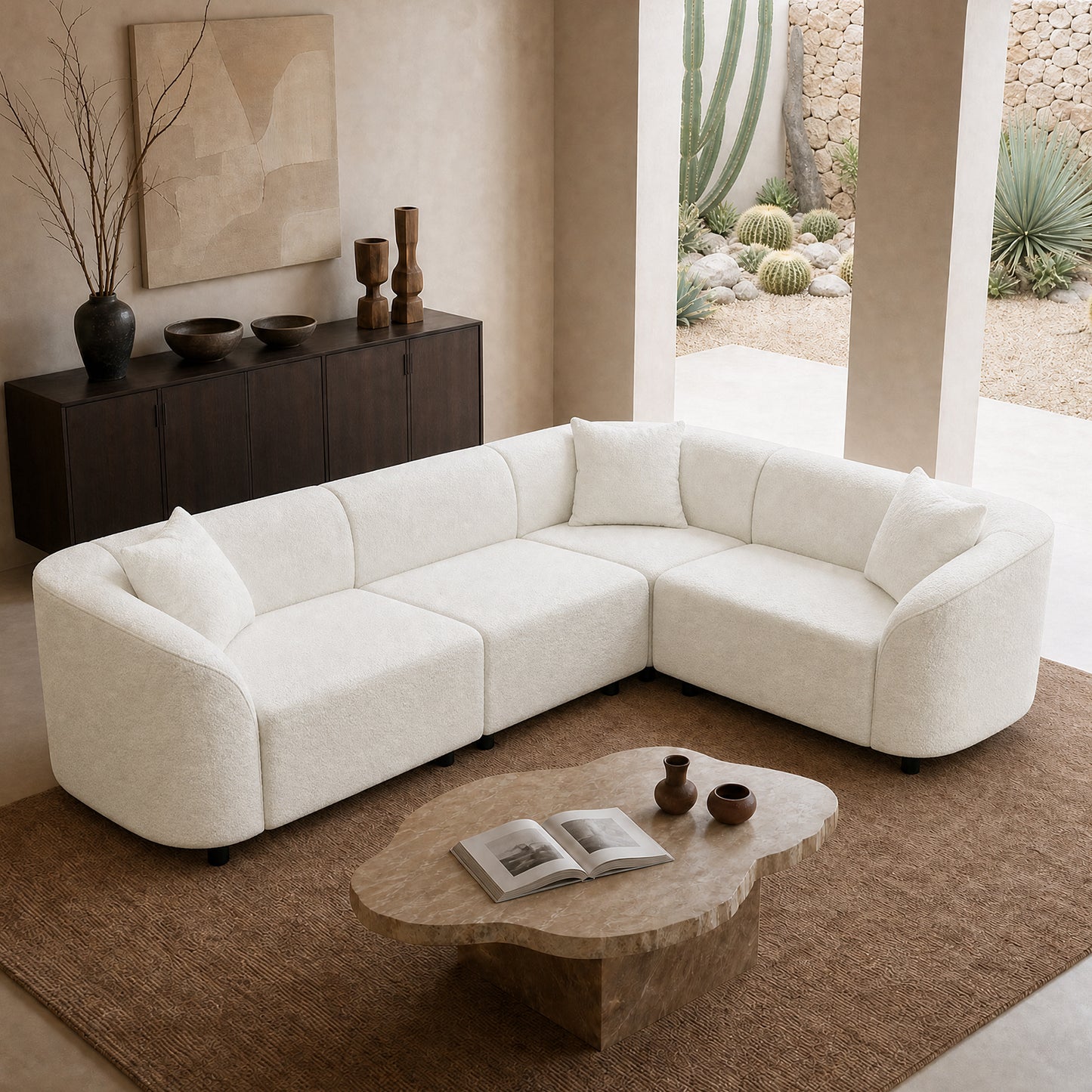 Modular curved L-shaped sectional sofa, white sheepskin cloud sofa with cushions, 2000-pound heavy-duty durable living room sofa, suitable for spacious living rooms or villas, easy to assemble