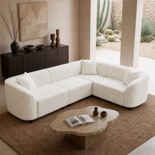 Modular curved L-shaped sectional sofa, white sheepskin cloud sofa with cushions, 2000-pound heavy-duty durable living room sofa, suitable for spacious living rooms or villas, easy to assemble