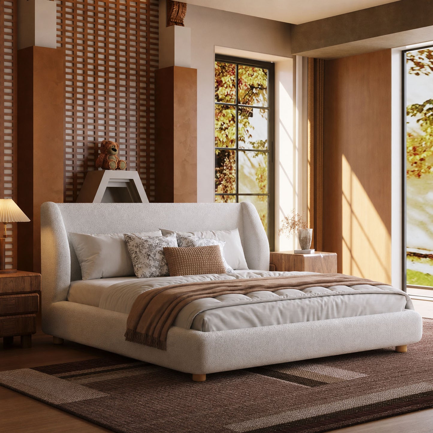 Wingback Curved Arm Teddy Velvet High-Weight Queen Bed