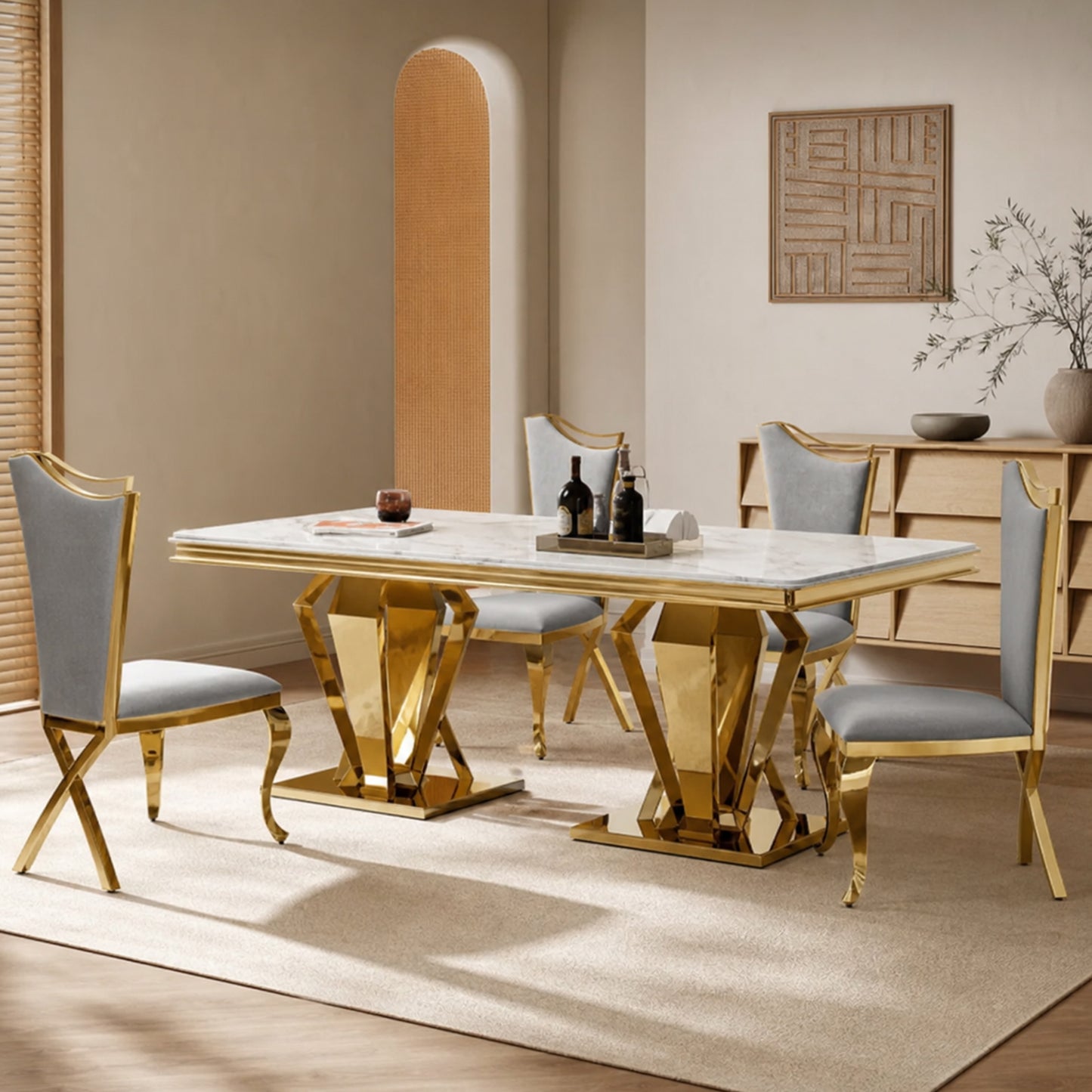 66.9"MDF Marble Top Dining Table , Stainless Steel with Diamond-Shaped Base