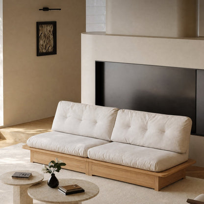 107.87" Natural Solid Wood Frame 3-Seater Modular Sofa, Cream Tufted Linen Floor Cushion Couch, Low Profile Japandi Sofa Max 2000 LBS for Living Room
