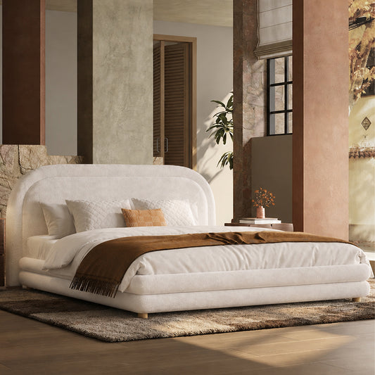 Neutral Minimal Curved Arch Dome Cloud Boucle Queen Bed Frame