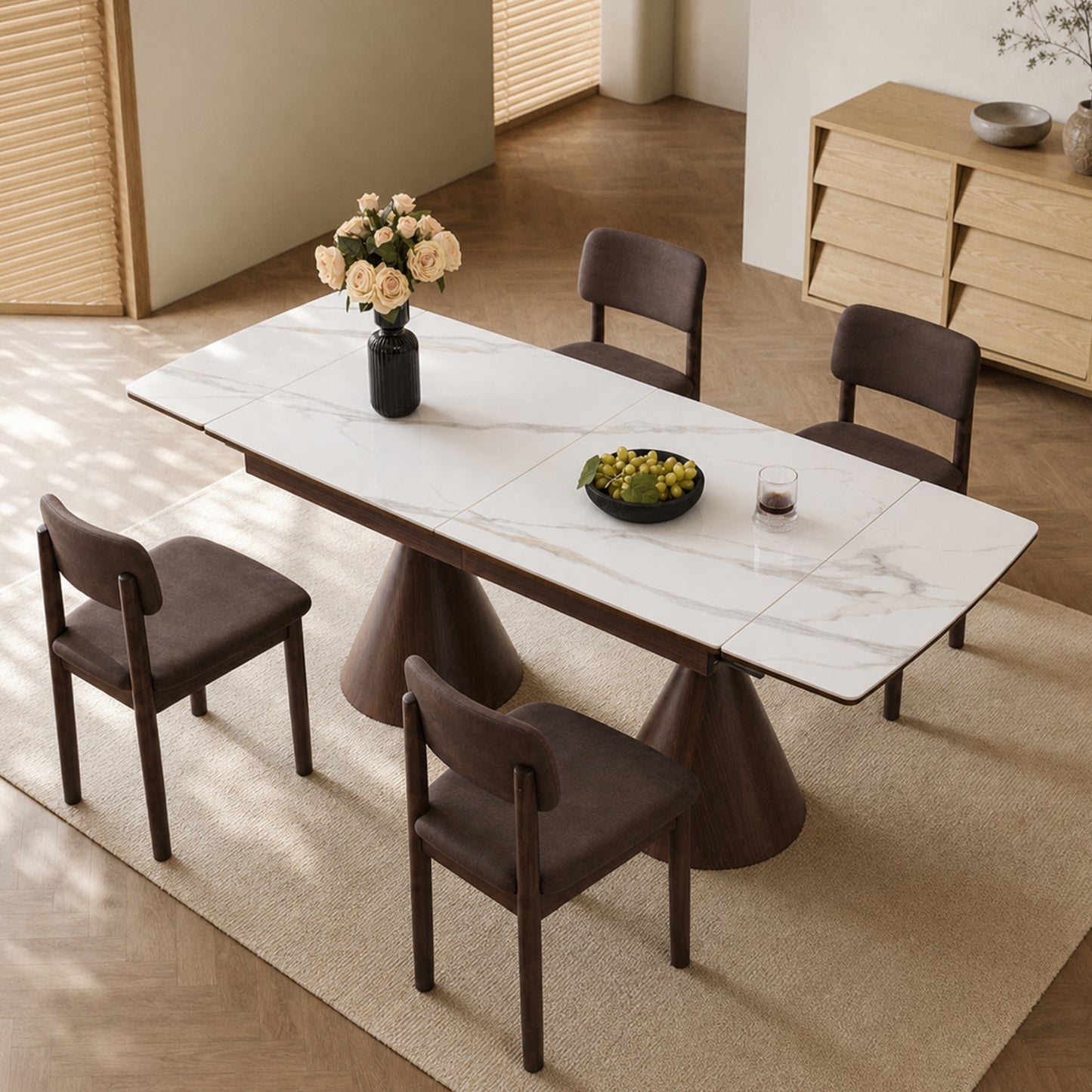 Extendable Stone-Top Dining Table: White marble-patterned tabletop with tapered metal legs