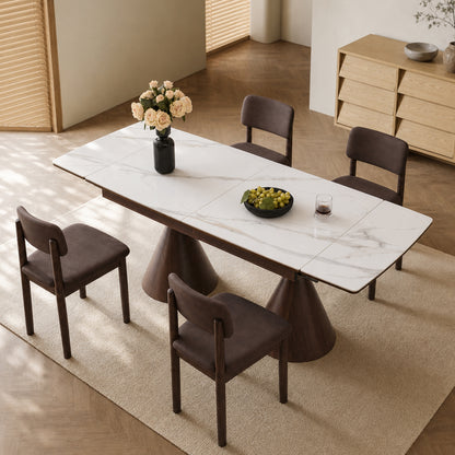 Extendable Stone-Top Dining Table: White marble-patterned tabletop with tapered metal legs