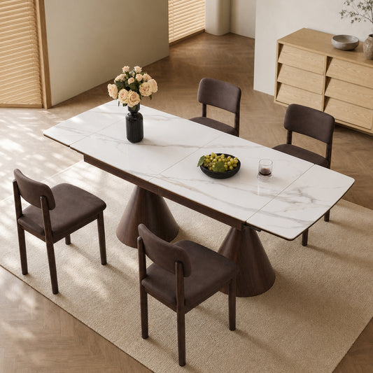 Extendable Stone-Top Dining Table: Walnut Tapered Legs with White Marble-Patterned Tabletop