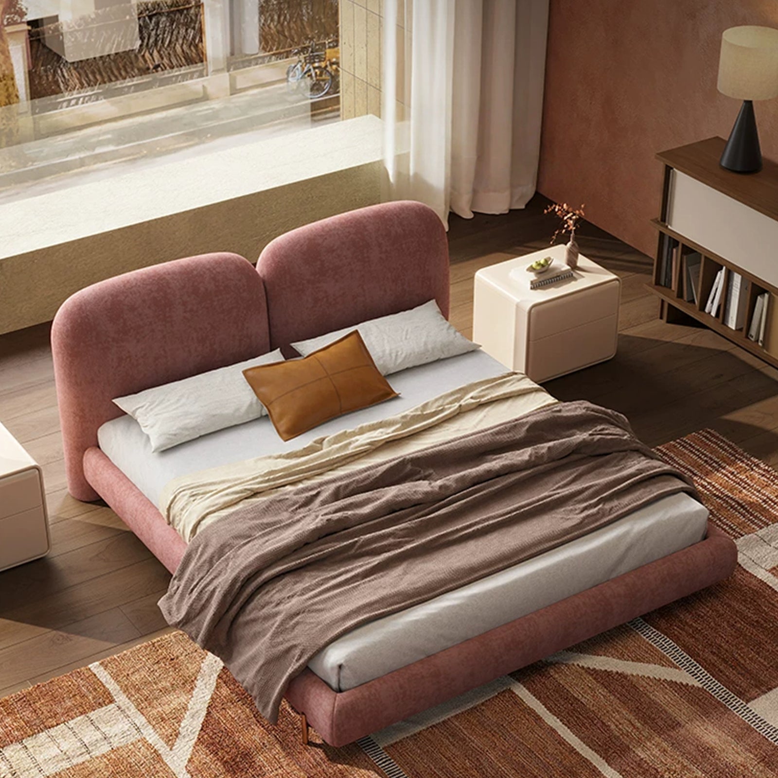 Queen Size Cloud Bed Frame, Mid-Century Modern Upholstered Bed with Soft Chenille Fabric, Low Profile Platform Bed with Curved Double Headboard