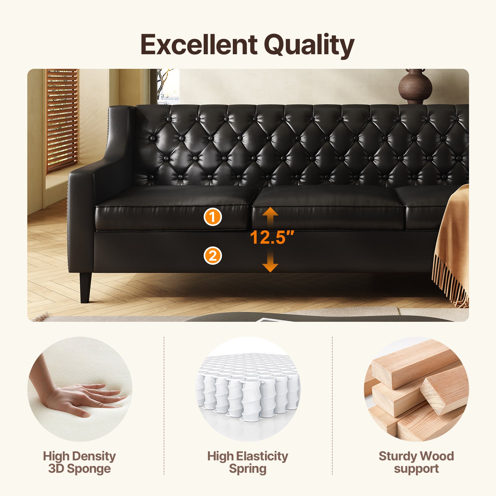 78.75" W Faux Leather Sofa, Button-Tufted 3-Seater Sofa, Mid Century Modern Vintage Brown Leather couches Couch for Living Room, Entertainment Area, Apartment,Office