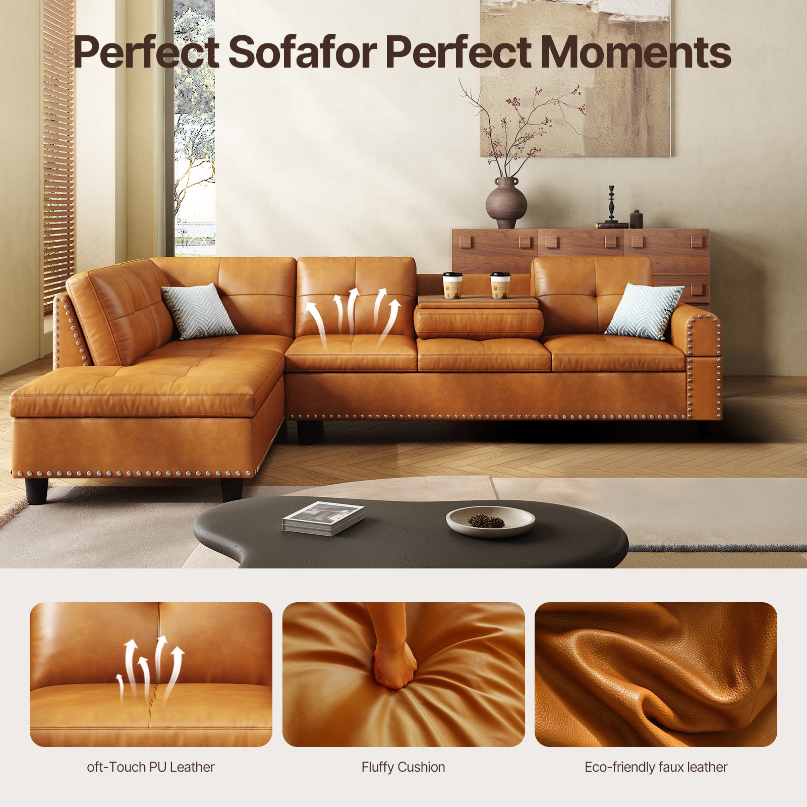 98" Leather Couch L-Shaped Modular – Convertible Sectional Couch with Movable Chaise, Multi-Scene Use for Living Room, Apartment & Office