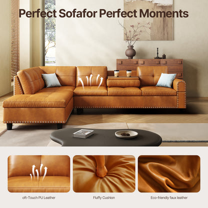 98" Faux Leather Couch L-Shaped Modular – Convertible Sectional Couch with Movable Chaise