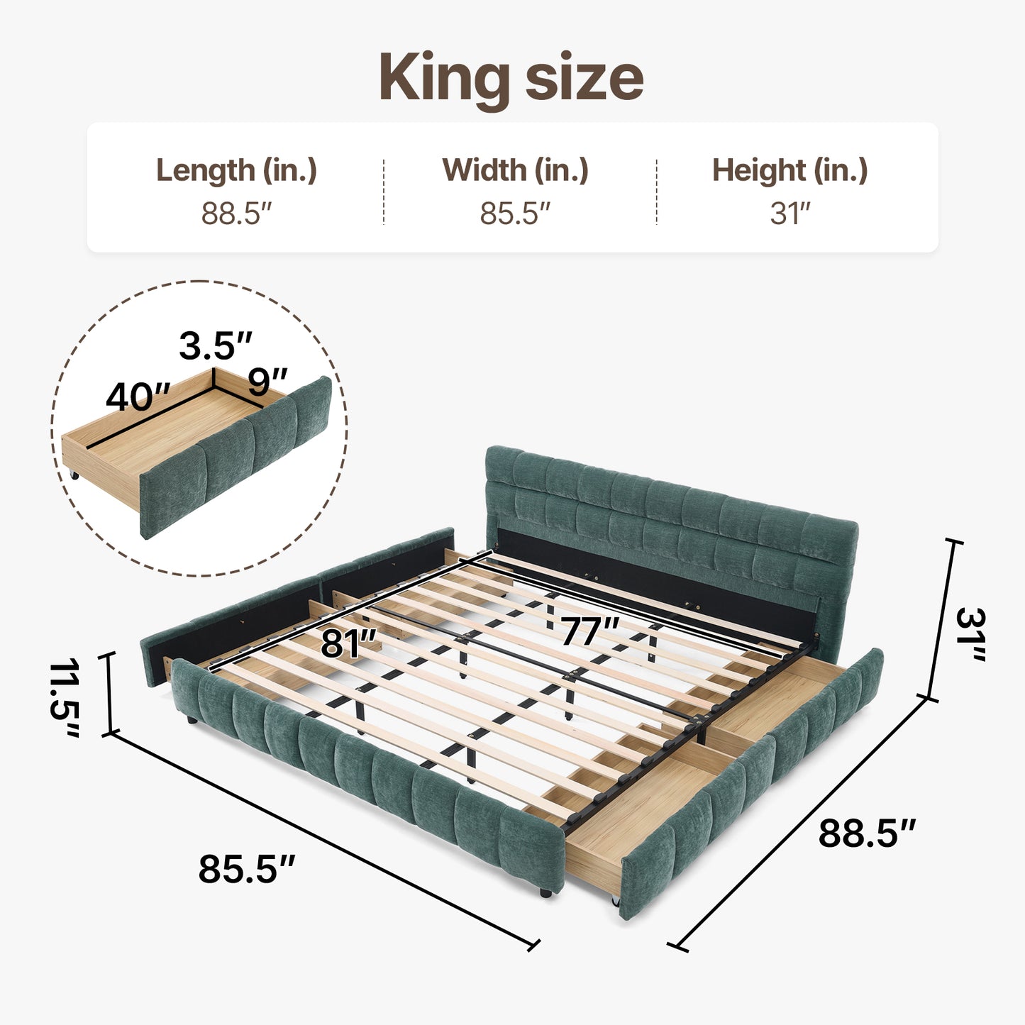 Queen Size Modern Cloud-Feel Bed Frame,With four drawers,Multi Color Beige/Green/Grey/Pink