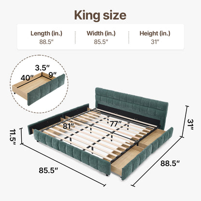 Queen Size Modern Cloud-Feel Bed Frame,With four drawers,Multi Color Beige/Green/Grey/Pink