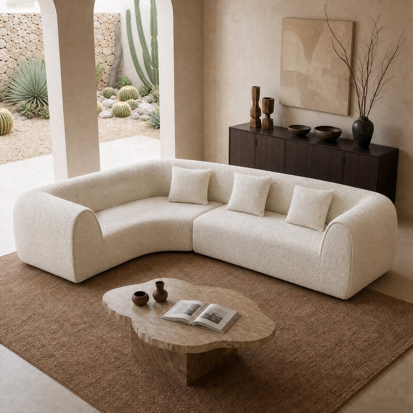 110.2-inch white modular L-shaped sofa - fabric circular design, lounge chair, with three throw pillows, with a load capacity of 2000 pounds