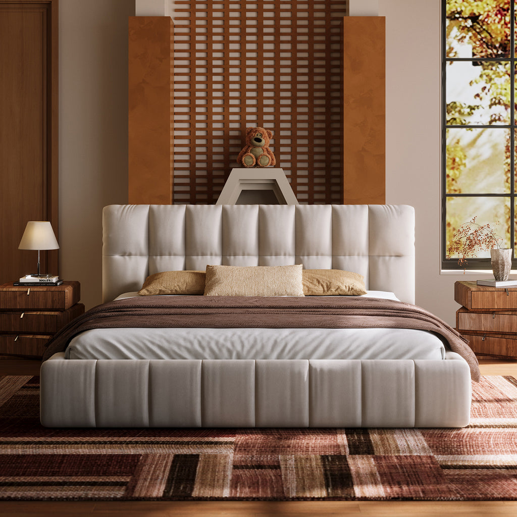 Queen Size Modern Cloud-Feel Bed Frame, 38.5" Tall Cream Upholstered Platform Bed with Thick Soft Headboard & Footboard for Bedroom Apartment