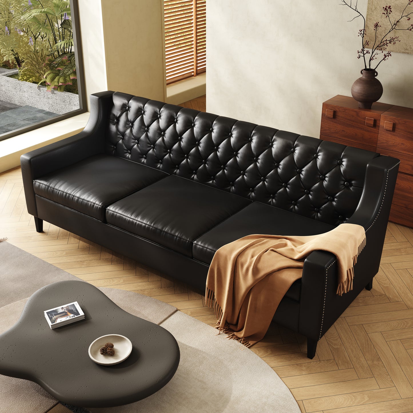 78.75" W Faux Leather Sofa, Button-Tufted 3-Seater Sofa, Mid Century Modern Vintage Brown Leather couches