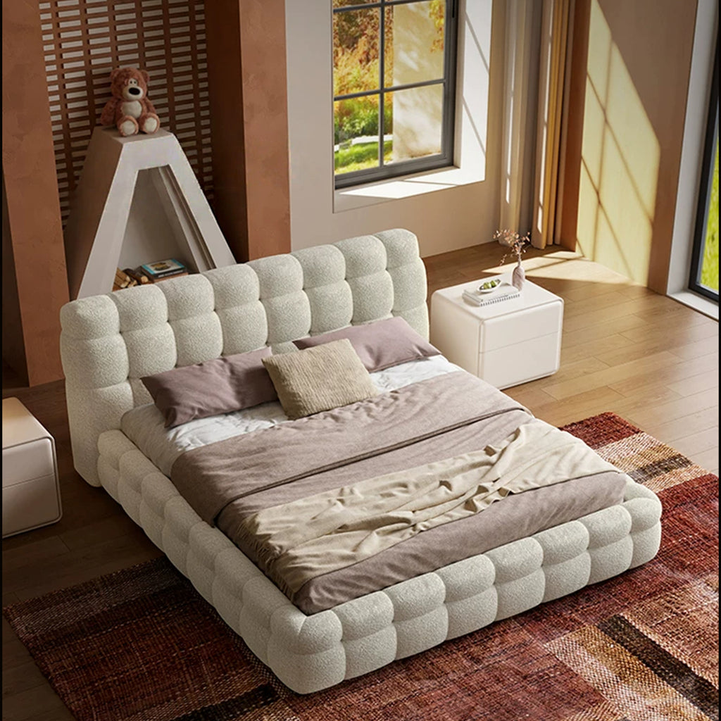 Queen Size Boucle Bed Frame, Modern Cloud-Feel Bed with Tufted Headboard, White Teddy Fleece Upholstered Platform Bed, No Box Spring Needed