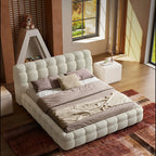 Queen Size Boucle Bed Frame, Modern Cloud-Feel Bed with Tufted Headboard, White Teddy Fleece Upholstered Platform Bed, No Box Spring Needed