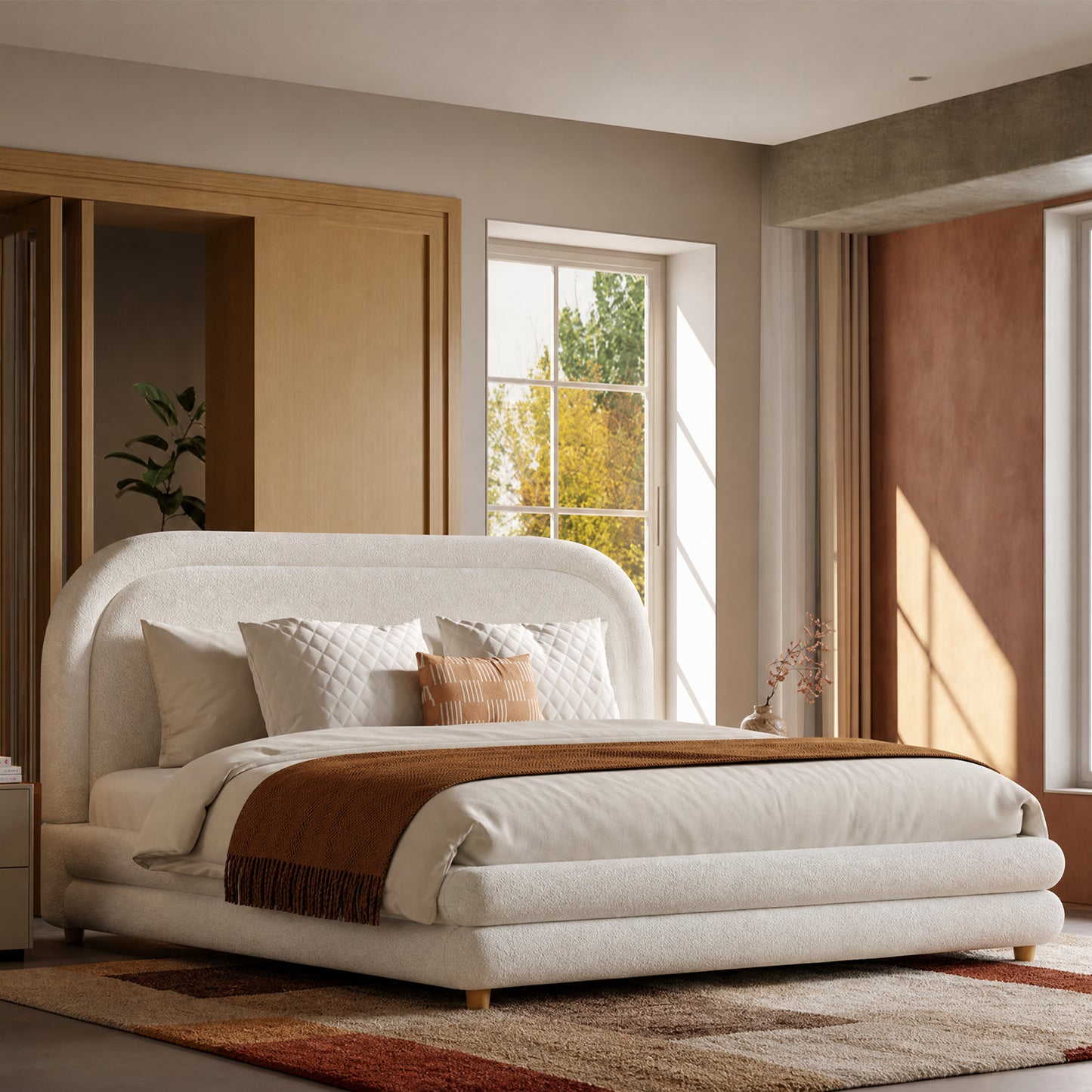 Neutral Minimal Curved Arch Dome Cloud Boucle Queen Bed Frame