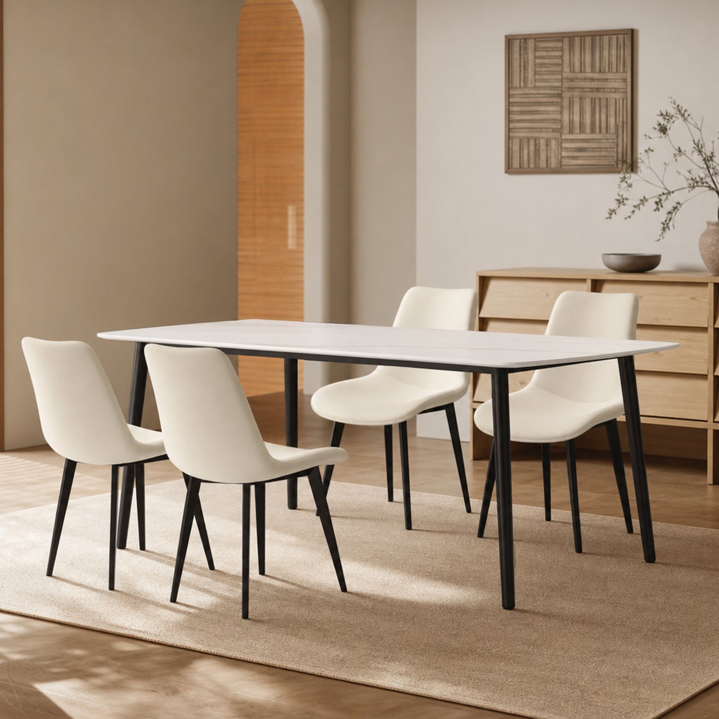 63 Inch Sintered Stone Dining Table, Gloss White Top with Carbon Steel Legs