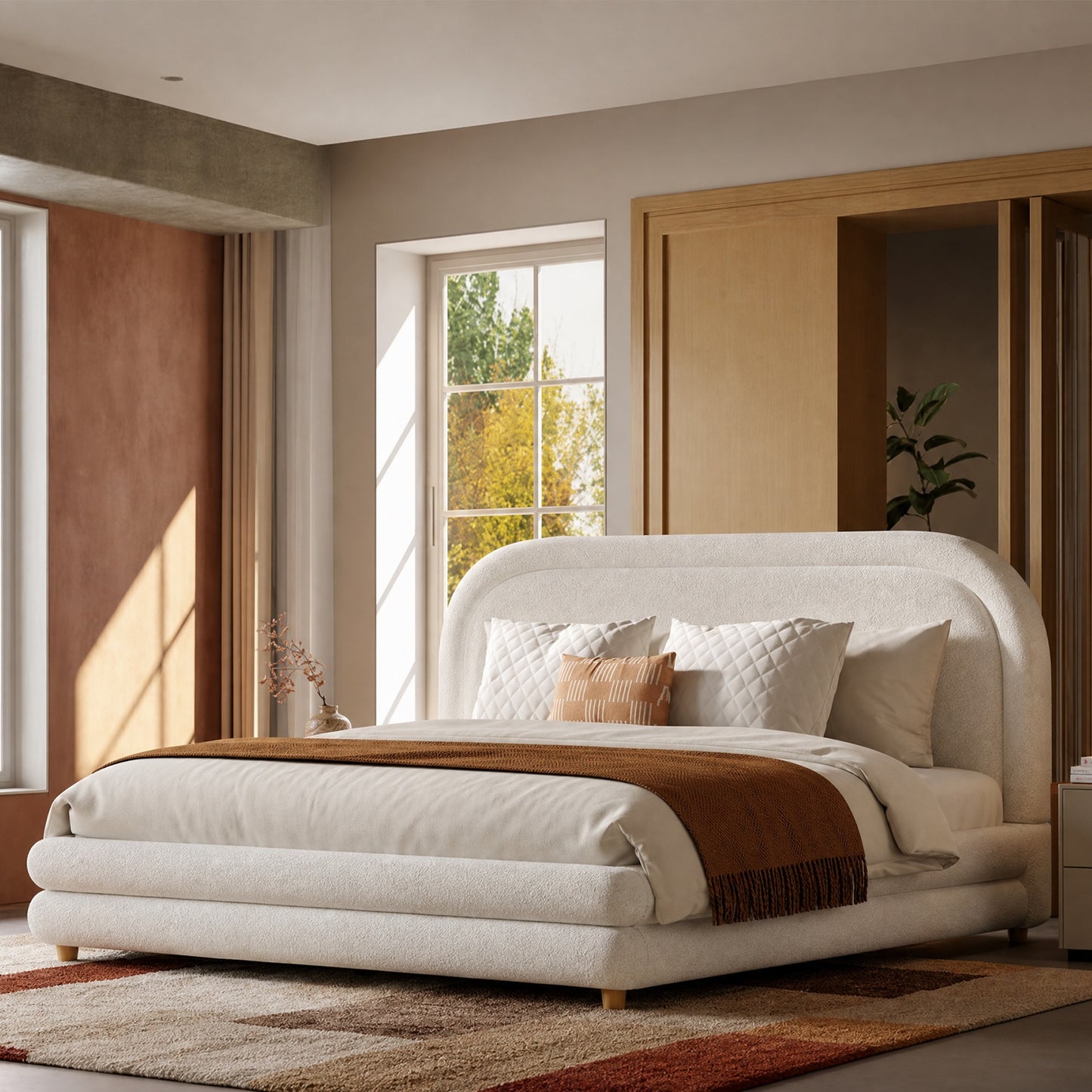 Neutral Minimal Curved Arch Dome Cloud Boucle Queen Bed Frame