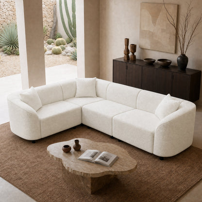 Modular Curved L-Shaped Sectional Sofa, White Bouclé Cloud Sofa with Cushions
