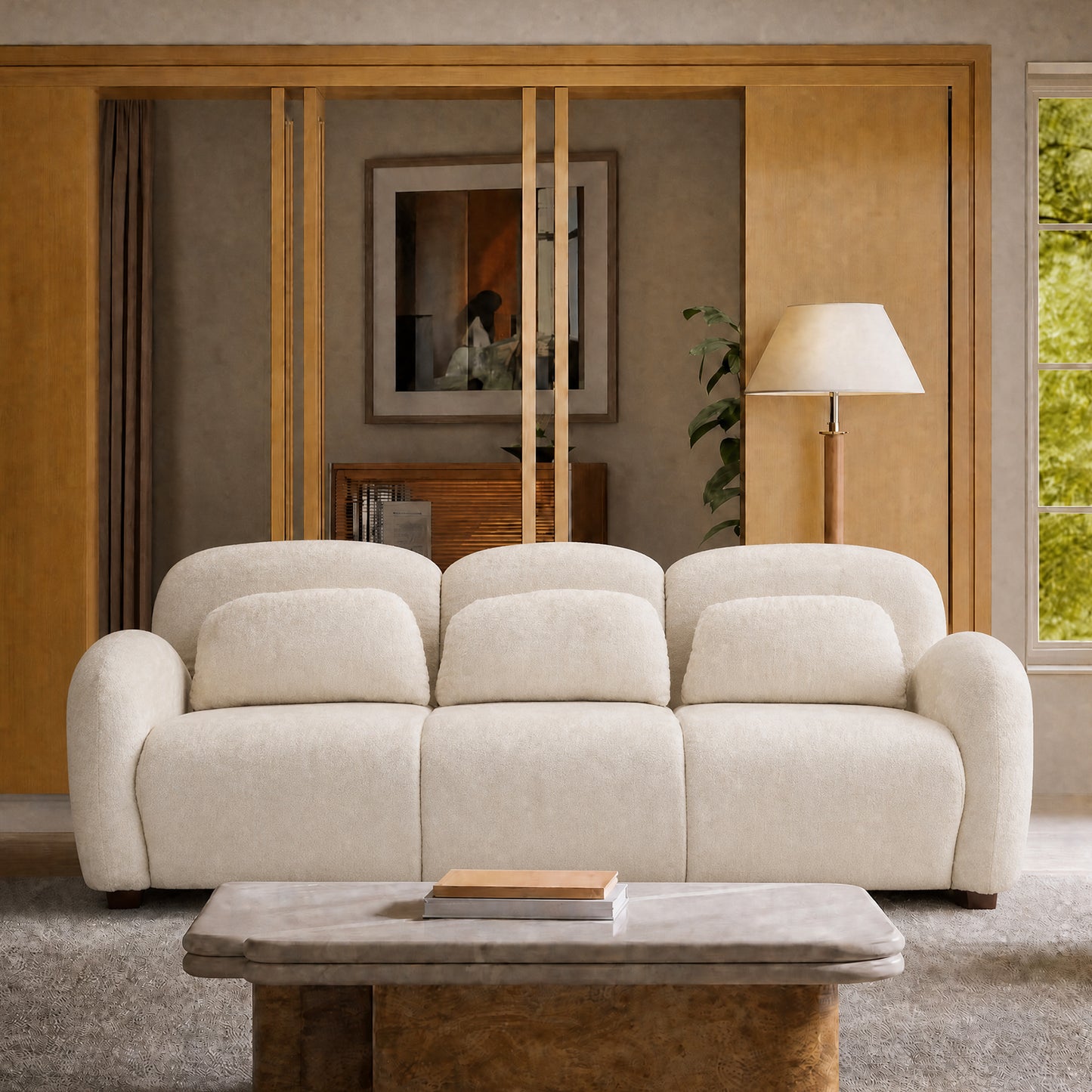 78-inch white cloud three-seater sofa, thickly padded backrest with curved armrests in sheepskin fabric, with a load capacity of 2000 pounds, a simple style fabric sofa, suitable for living rooms and minimalist-style apartments