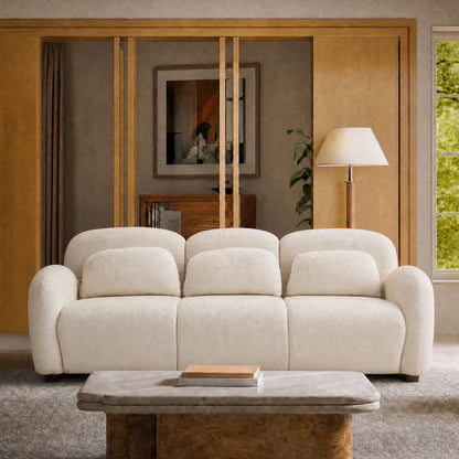 78-inch white cloud three-seater sofa, thickly padded backrest with curved armrests in sheepskin fabric, with a load capacity of 2000 pounds, a simple style fabric sofa, suitable for living rooms and minimalist-style apartments