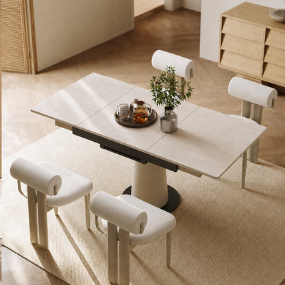 Retractable Rock Slab Folding Dining Table, Modern Square Expandable Table with Leather-Wrapped Stainless Steel Base