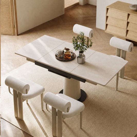 Retractable Rock Slab Folding Dining Table, Modern Square Expandable Table with Leather-Wrapped Stainless Steel Base