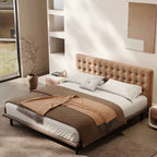 Queen Size Platform Bed Frame with Upholstered Faux Leather Button Tufted Headboard, Mattress Foundation with Wooden Slat Support, No Box Spring Needed, Easy Assembly, Noise Free