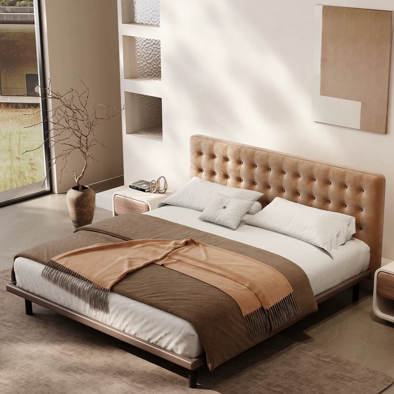 Queen Size Platform Bed Frame with Upholstered Faux Leather Button Tufted Headboard, Mattress Foundation with Wooden Slat Support, No Box Spring Needed, Easy Assembly, Noise Free