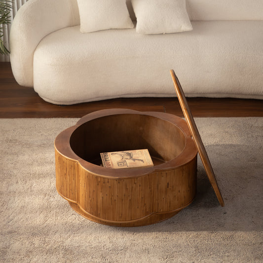 Plum-Blossom Flip-Top Rattan Storage Round Coffee Table