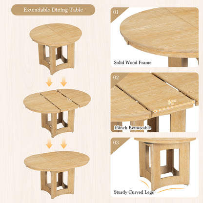 Extendable Farmhouse Round Dining Table – 16" Removable Leaf, Solid Wood, Space-Saving
