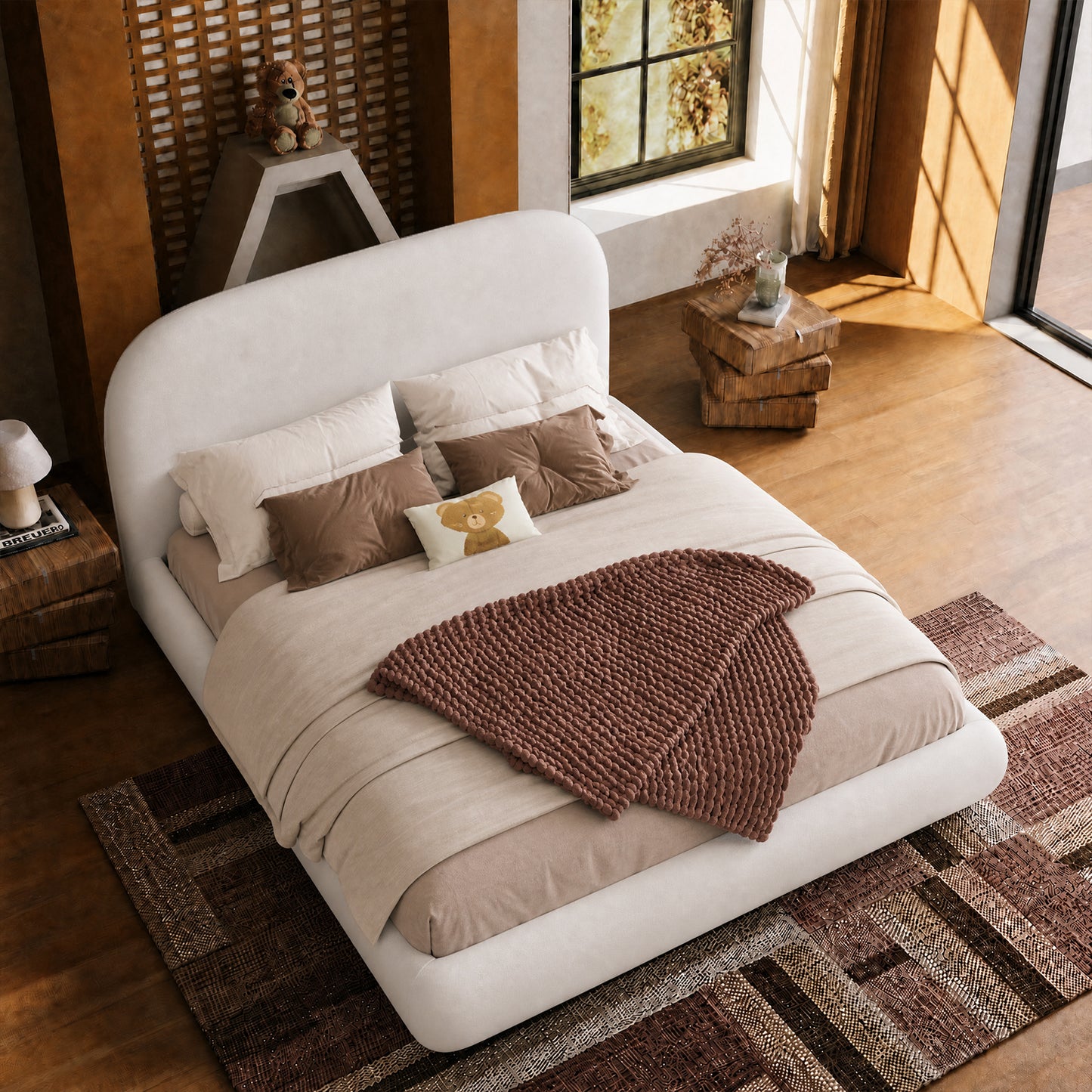 Queen French Minimalist Curved Boucle Bed Frame