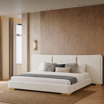 3-Panel Curved Platform Bed Gold Strips Low Profile Wood Slats Luxury Assembly