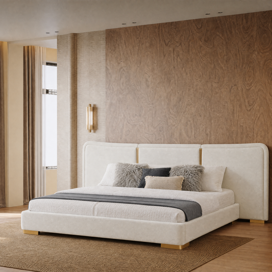 3-Panel Curved Platform Bed Gold Strips Low Profile Wood Slats Luxury Assembly