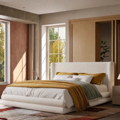Neutral Minimal Cloud King Upholstered Bed, Textured Boucle Fabric