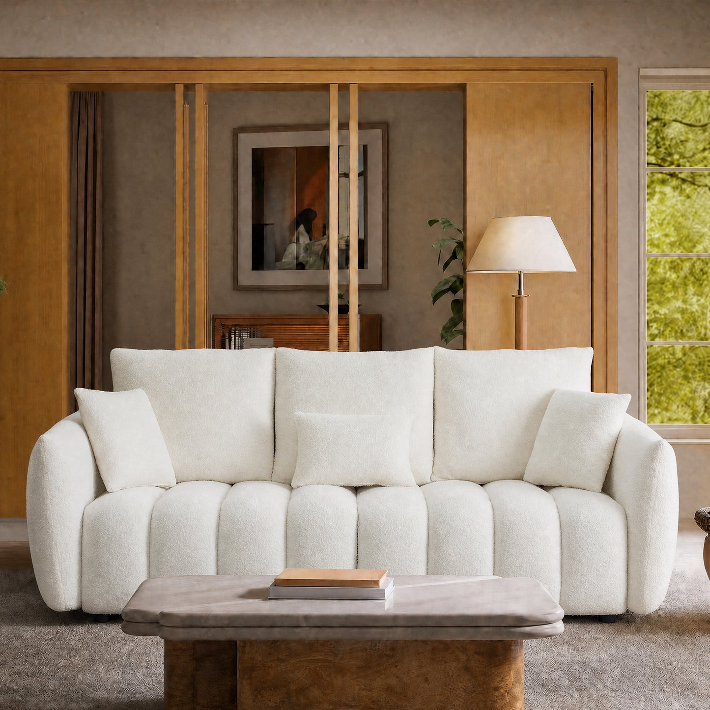 79.5-inch white wavy 3-seater sofa, boucle sofa, with side pockets and cushions, with a load capacity of 2000 pounds, sturdy and durable, minimalist and serene style, suitable for living rooms and apartments
