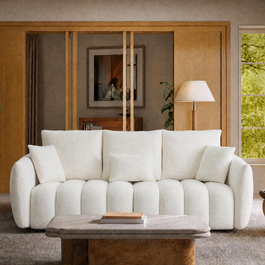 79.5-inch white wavy 3-seater sofa, boucle sofa, with side pockets and cushions, with a load capacity of 2000 pounds, sturdy and durable, minimalist and serene style, suitable for living rooms and apartments