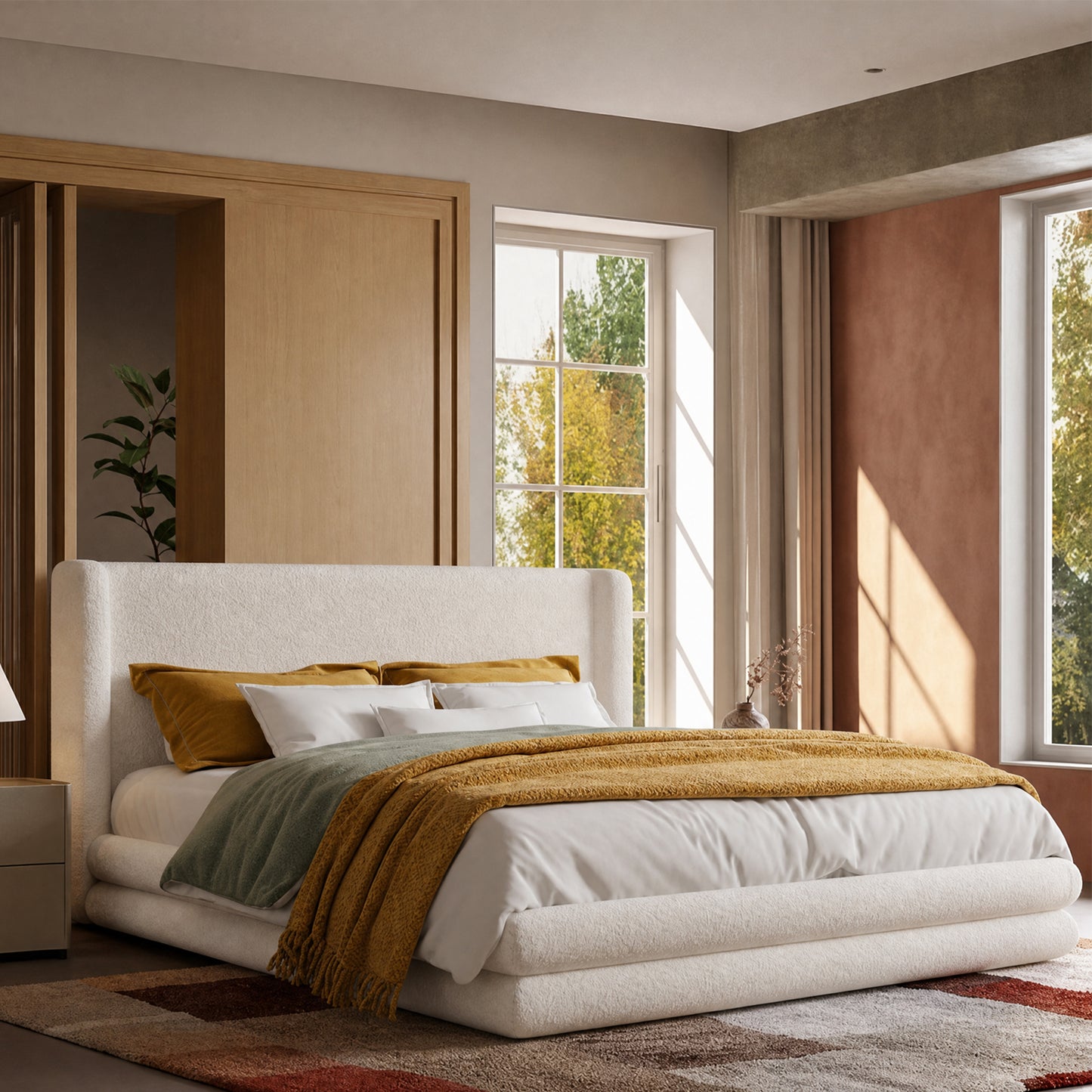 Neutral Minimal Cloud King Upholstered Bed, Textured Boucle Fabric