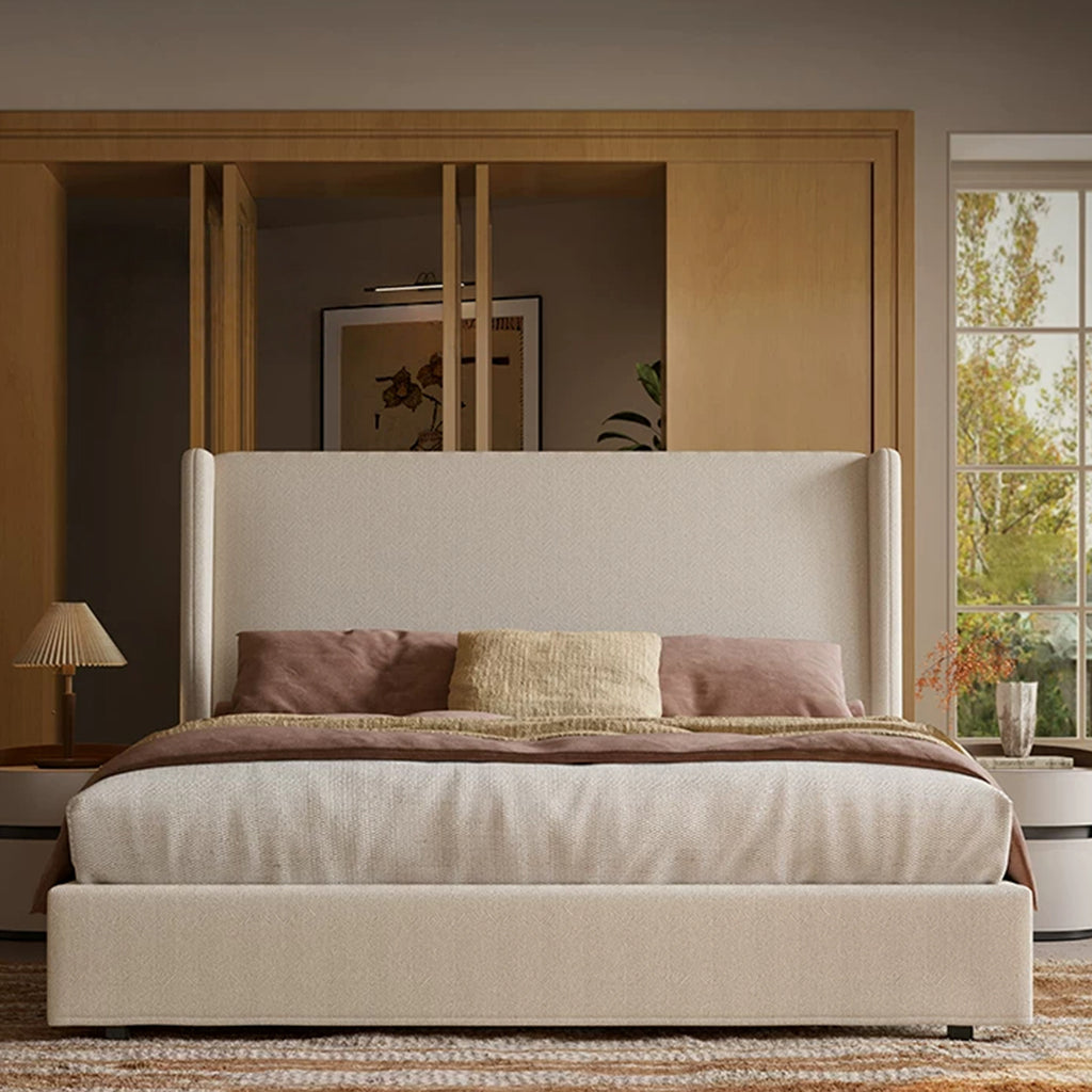 Queen Size Bed Frame with 47.24'' Extra Tall Wingback Headboard, Low Profile Grounded Upholstered Platform Bed Frame, Squeak-Free, Easy Assembly, No Box Spring Needed, Beige