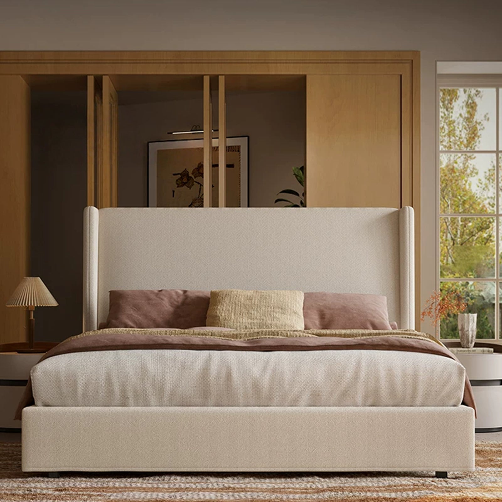 Queen Size Bed Frame with 47.24'' Extra Tall Wingback Headboard, Low Profile Grounded Upholstered Platform Bed Frame, Squeak-Free, Easy Assembly, No Box Spring Needed, Beige