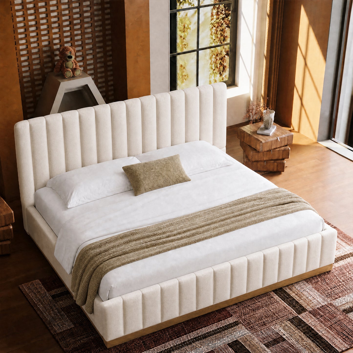 Medieval Minimal Vertical Channel Cloud Boucle Queen Bed Frame, Wood Base Trim