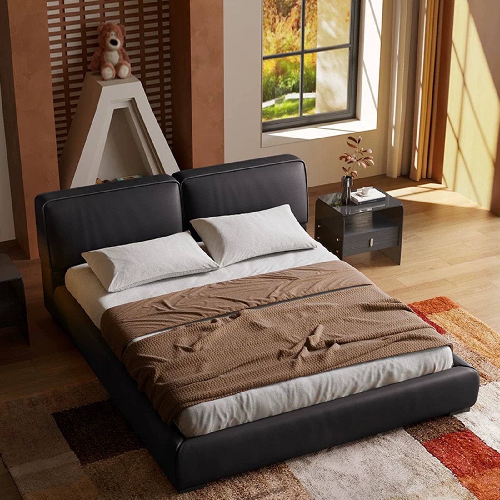 Queen Size Faux Leather Upholstered Platform Bed, Queen Size Modern Minimalist Low Profile Bed Frame with Padded Headboard, No Box Spring Needed, for Bedroom